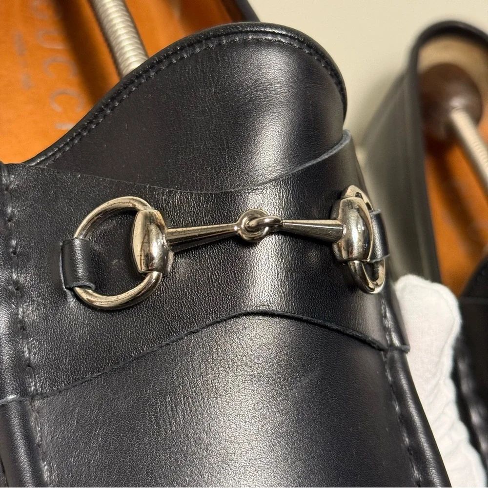 Gucci Horse Bit Lug Sole Black Leather Loafer Men’s Size 12.5 Brass Brown Logo - Picture 8 of 13